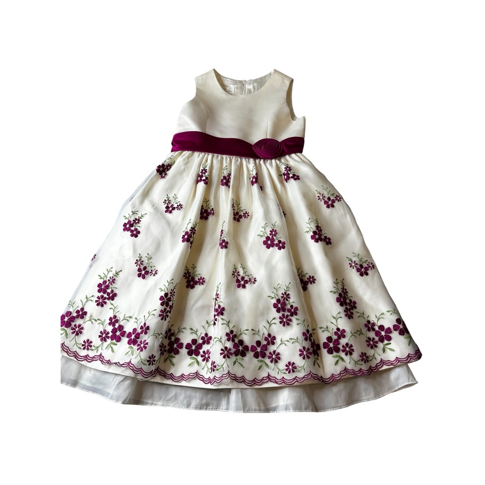 American Princess Girls Size 7 Cream Purple Floral Embroidered Formal Dress Bow